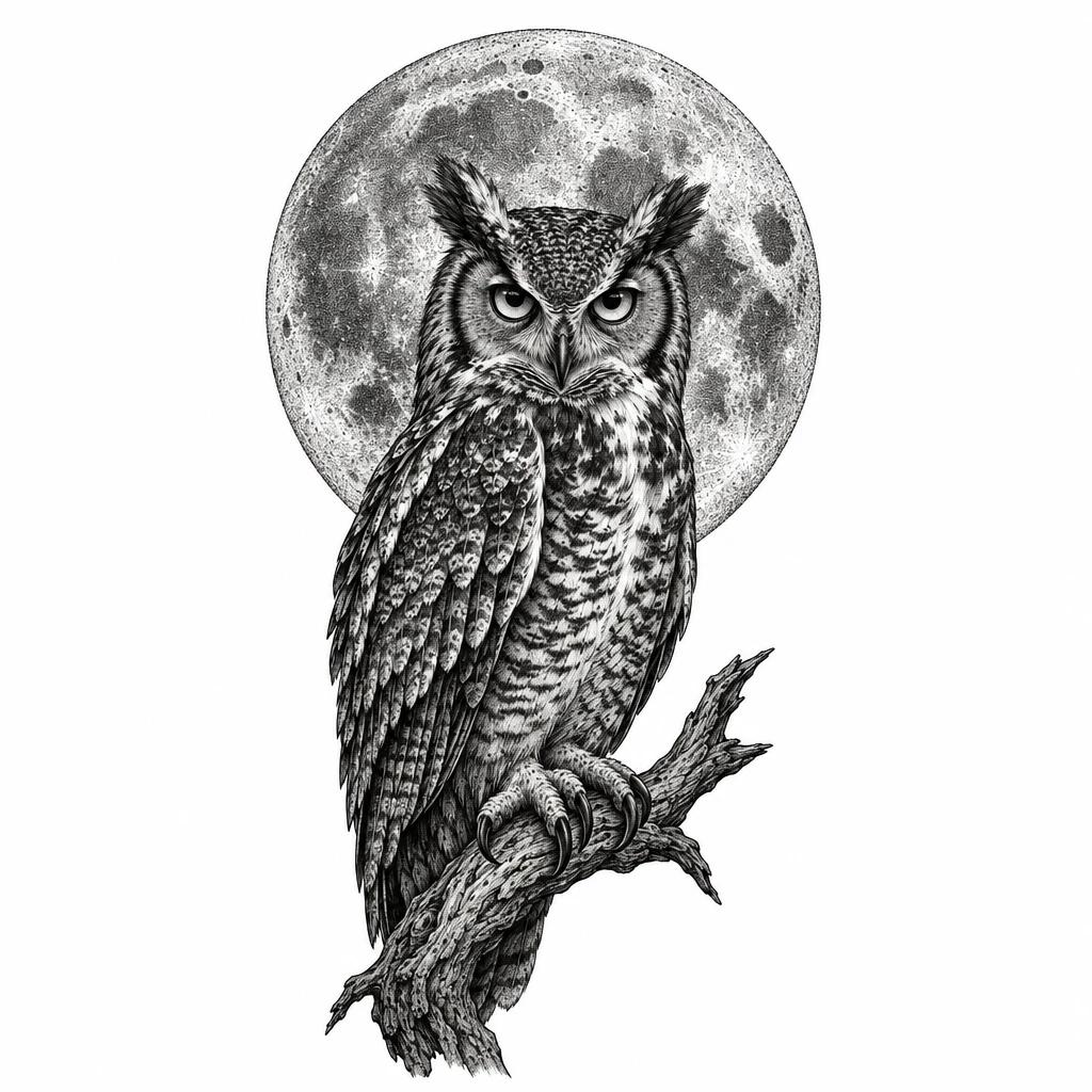 Tatouage de hibou perché devant une pleine lune travaillée en pointillés