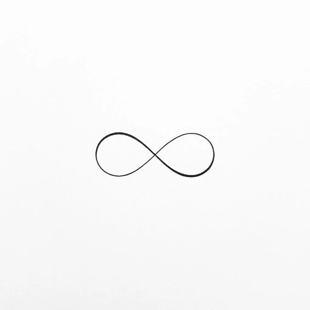Dessin de tatouage minimaliste d'un symbole infini en trait fin noir sur fond blanc.