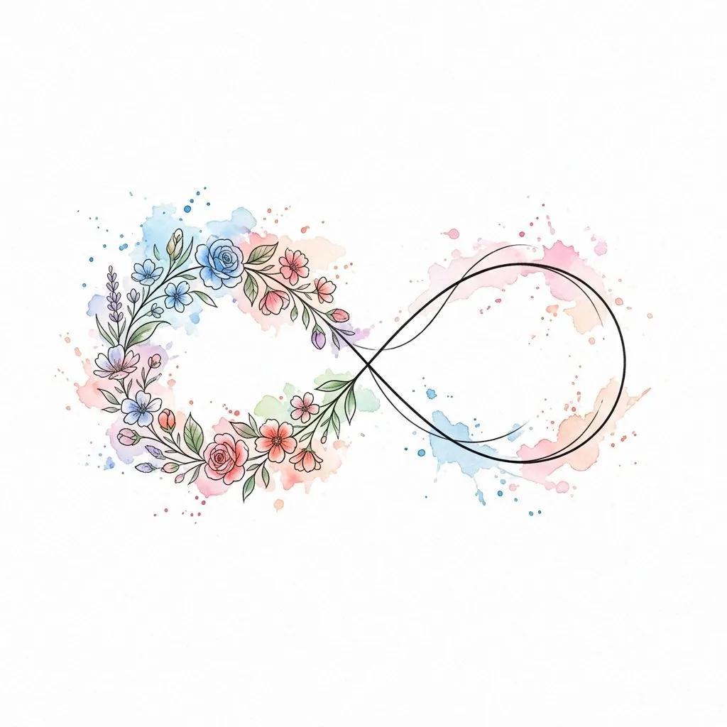 Dessin de tatouage du signe infini avec une boucle florale et des touches d'aquarelle rose et bleue.