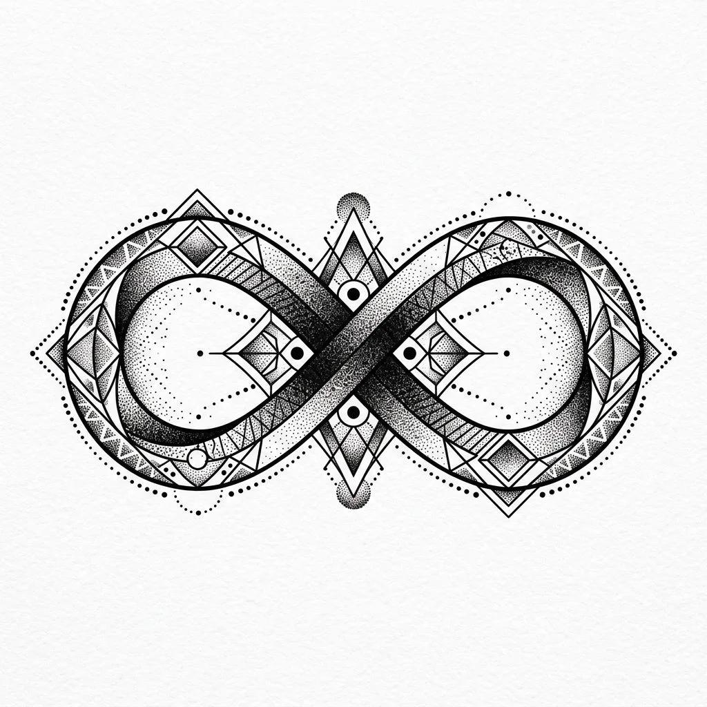 Dessin de tatouage d'un symbole de l'infini géométrique avec des ombrages en dotwork sur fond blanc.