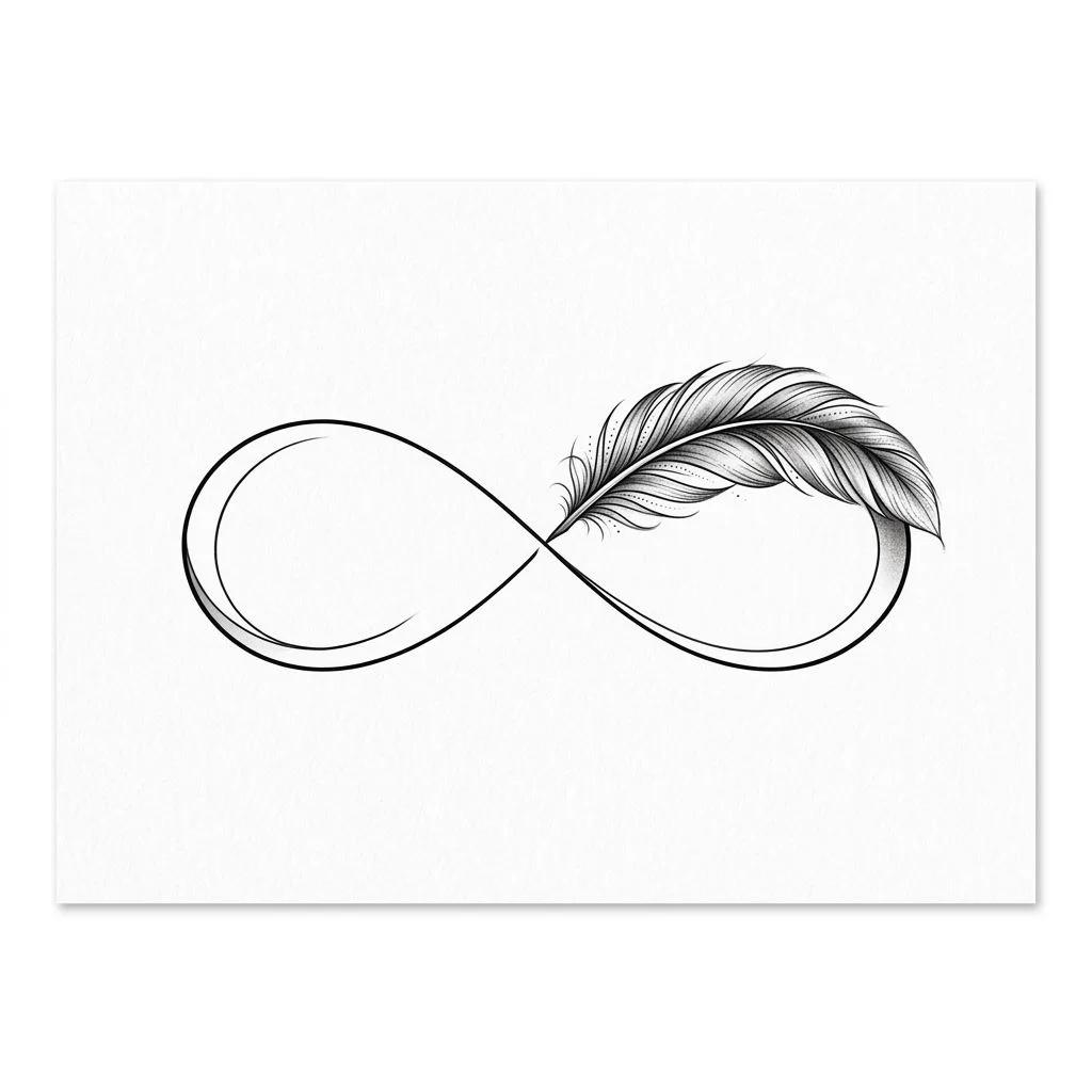 Dessin de tatouage d'un symbole de l'infini avec une plume réaliste en traits fins noirs.