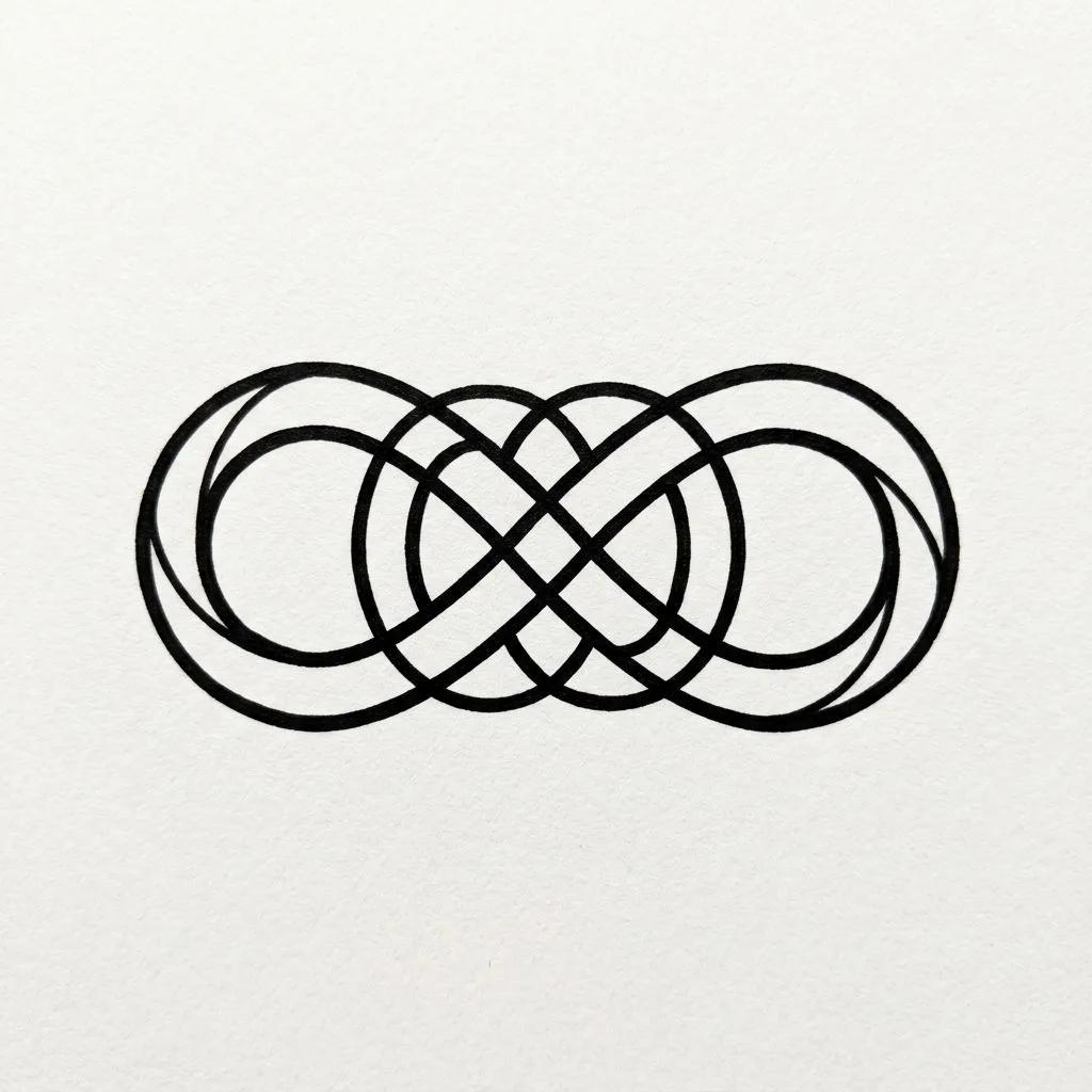 Dessin de tatouage minimaliste de deux symboles de l'infini entrelacés à l'encre noire sur fond blanc.