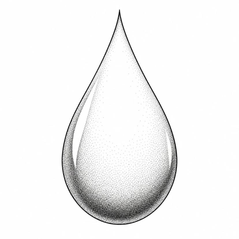 Tatouage larme fine-line : goutte au contour fin avec un ombrage en pointillés, dessin noir et blanc