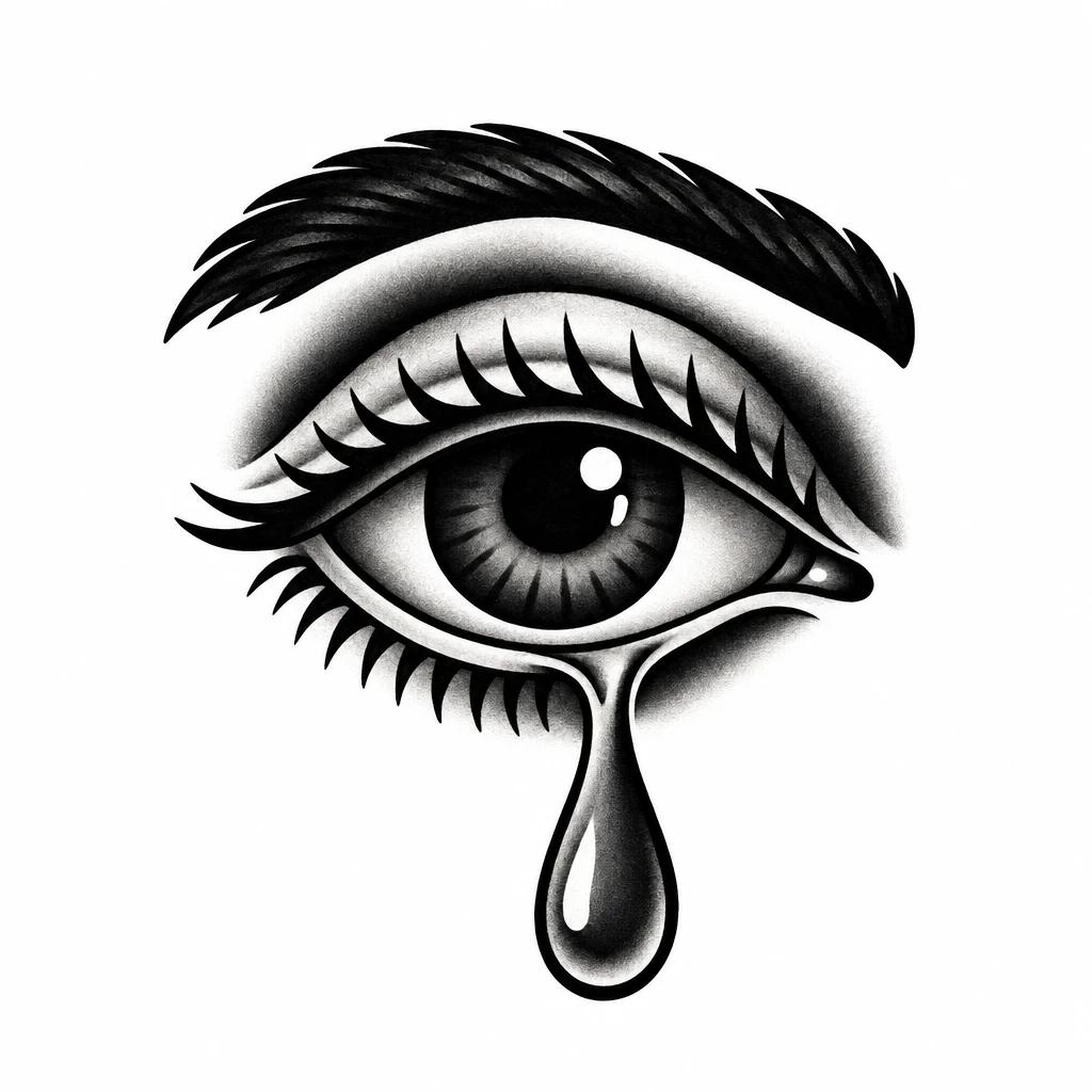 Tatouage œil qui pleure old school : œil stylisé au trait épais avec une larme qui coule