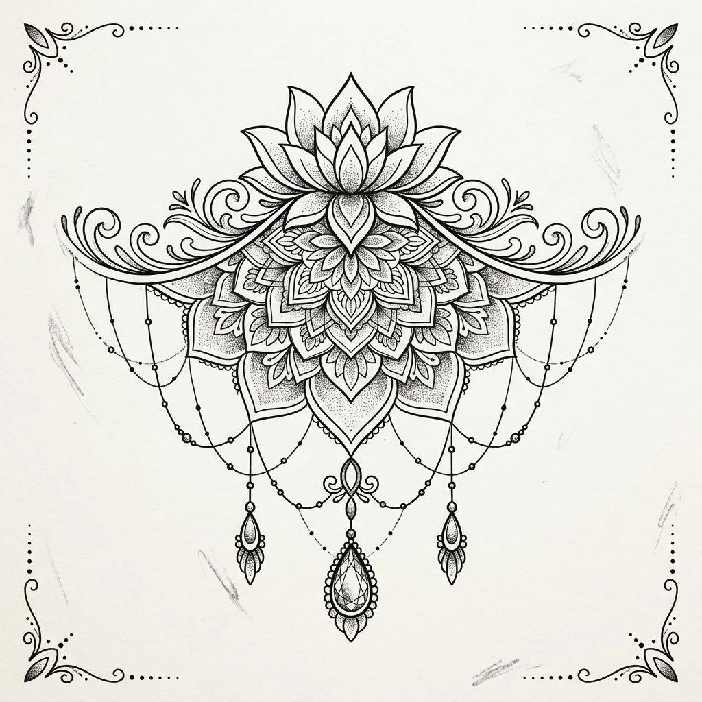 Tatouage mandala ornemental avec lotus et bijoux.