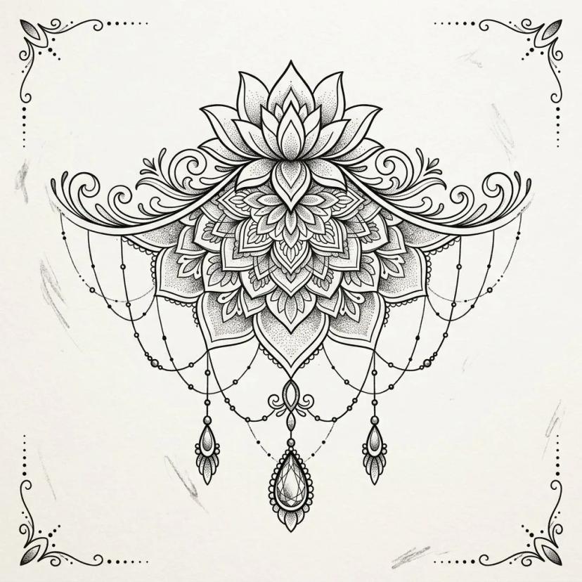 Tatouage mandala ornemental avec lotus et bijoux.