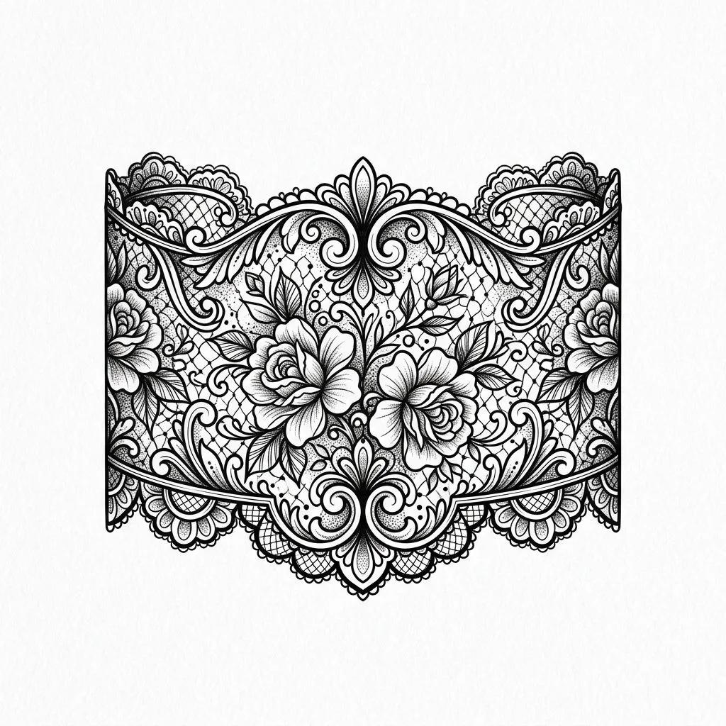 Dessin de tatouage de manchette en dentelle ornementale avec des roses et des motifs complexes en noir.