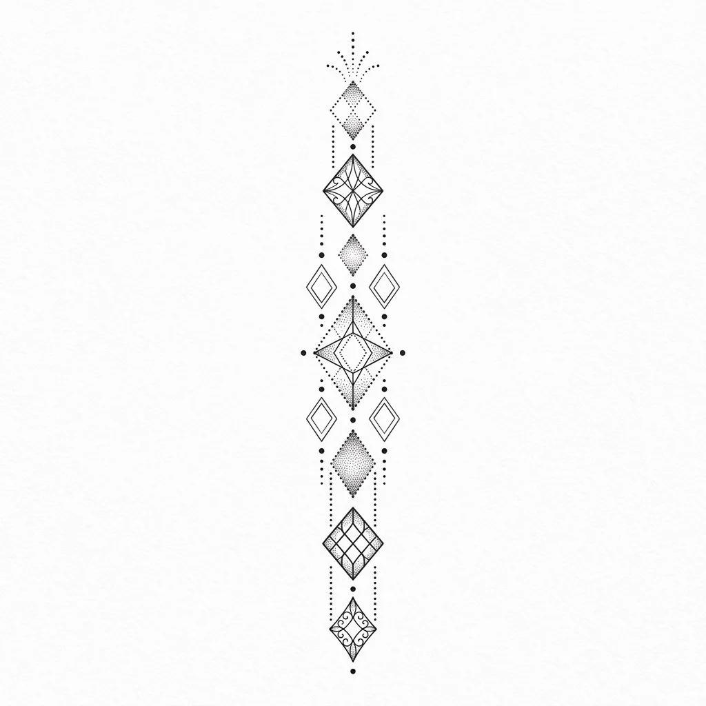 Dessin de tatouage vertical composé de losanges géométriques et de pointillés fins sur fond blanc.