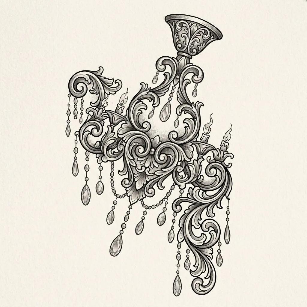Dessin de tatouage d'un lustre baroque ornemental avec volutes et perles de cristal en dégradé de gris.
