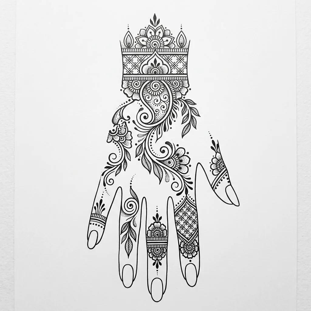 Dessin de tatouage ornemental style mehndi avec motifs floraux et dotwork sur une main et un poignet.