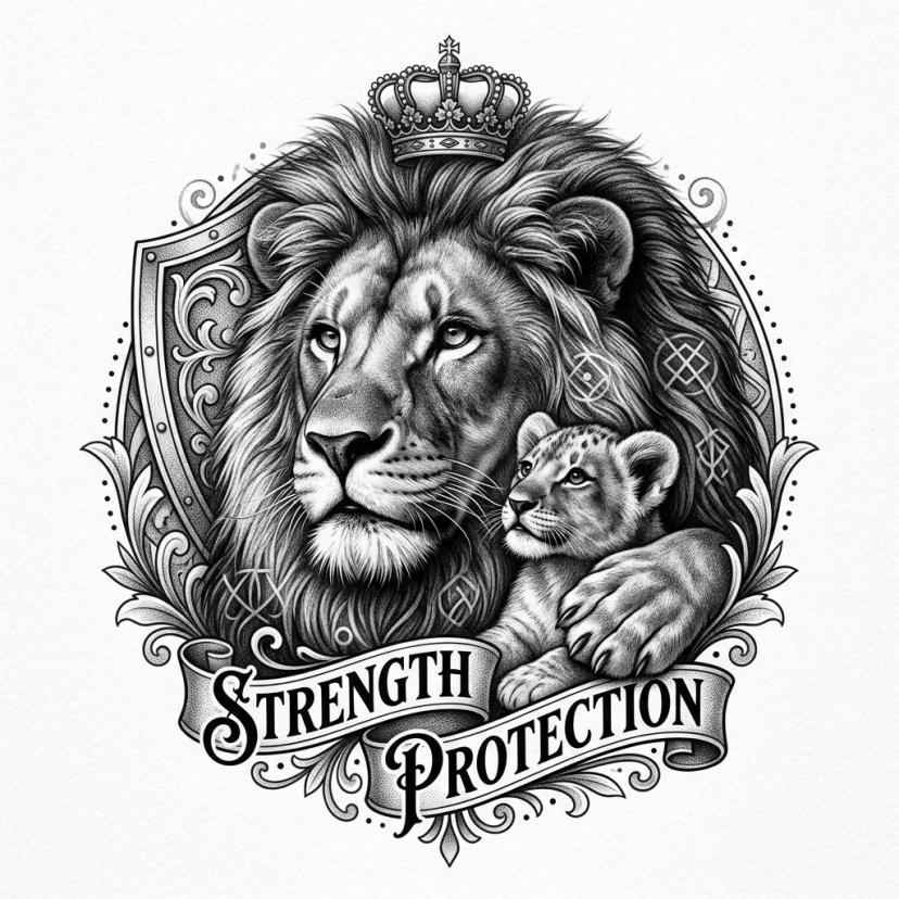 Dessin de tatouage d'un lion couronné et son petit avec bannière sur fond blanc.