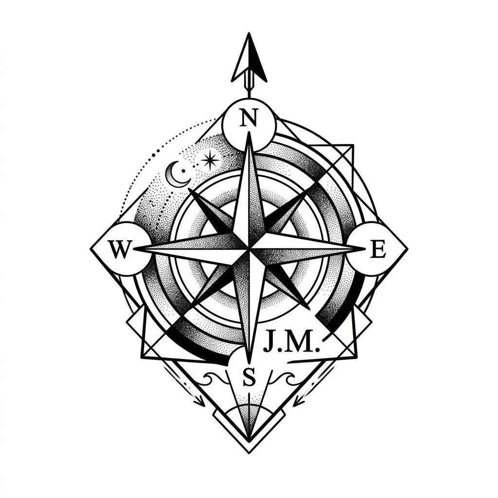 Dessin de tatouage d'une boussole géométrique avec les initiales J.M., lignes fines et ombrage en dotwork.