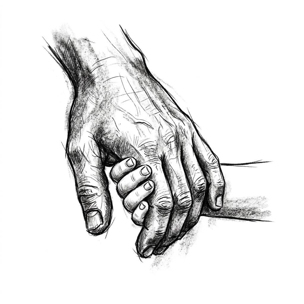 Dessin de tatouage de mains entrelacées d'un adulte et d'un enfant, style croquis au fusain sur fond blanc.