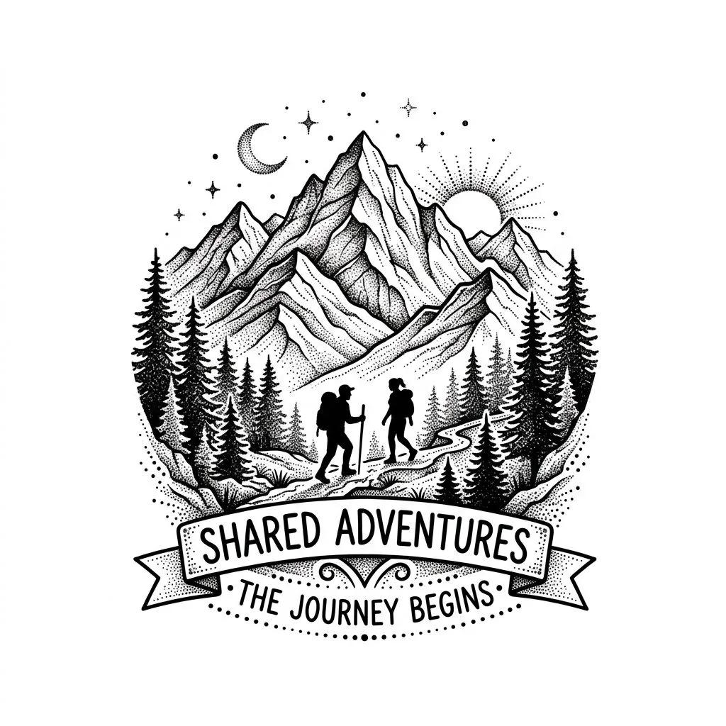 Dessin de tatouage en dotwork montrant deux randonneurs dans un paysage de montagne et forêt.