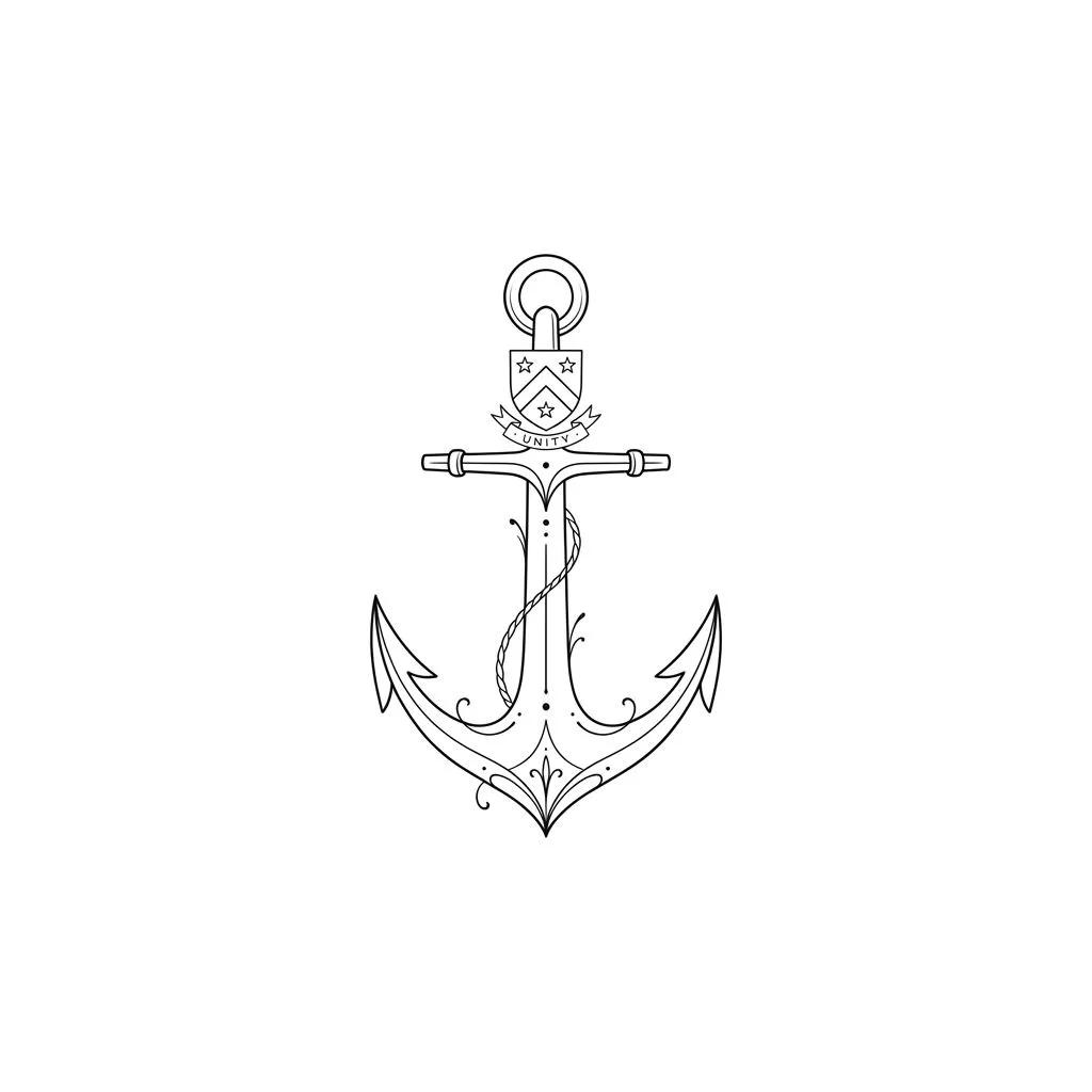 Dessin de tatouage d'ancre marine en traits fins avec un blason et le mot Unity sur fond blanc.