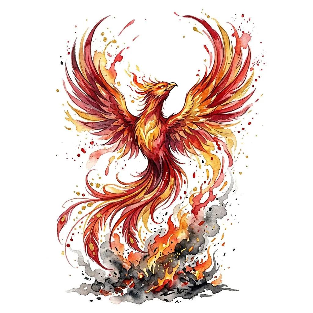 Dessin de tatouage d'un phénix en aquarelle rouge et or s'élevant des cendres sur fond blanc.