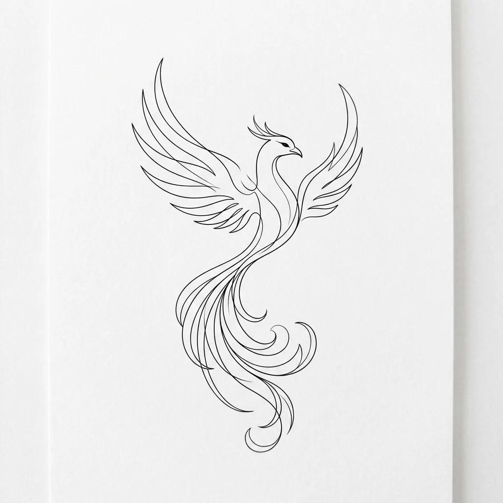 Dessin de tatouage d'un phénix élégant aux traits fins et minimalistes sur fond blanc.
