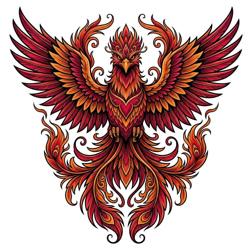 Tatouage de phénix néo-traditionnel aux couleurs flamboyantes avec des ailes symétriques sur fond blanc.