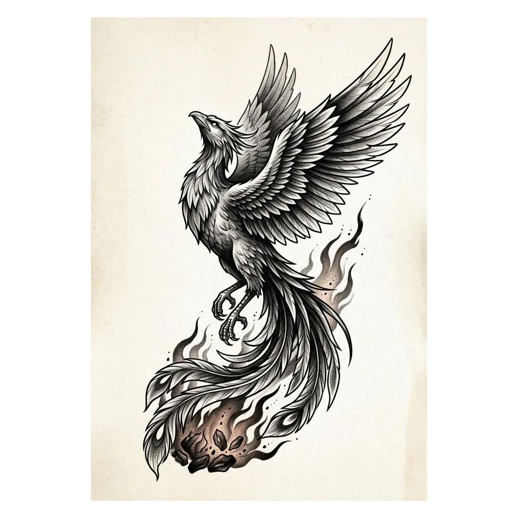 Dessin de tatouage d'un phénix noir et gris avec des plumes détaillées et des flammes.