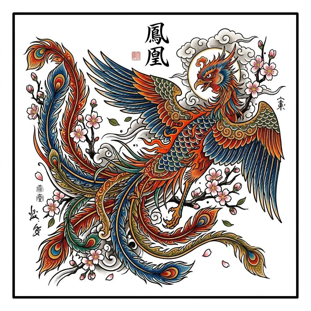 Dessin de tatouage de phénix japonais coloré avec fleurs de cerisier et plumes de paon sur fond blanc.