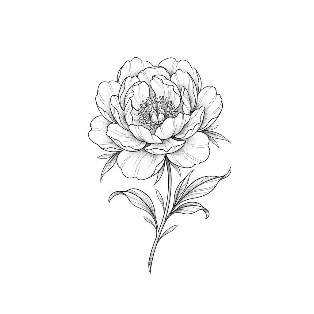 Dessin de tatouage d'une pivoine en fine-line avec ombrage en pointillé sur fond blanc.