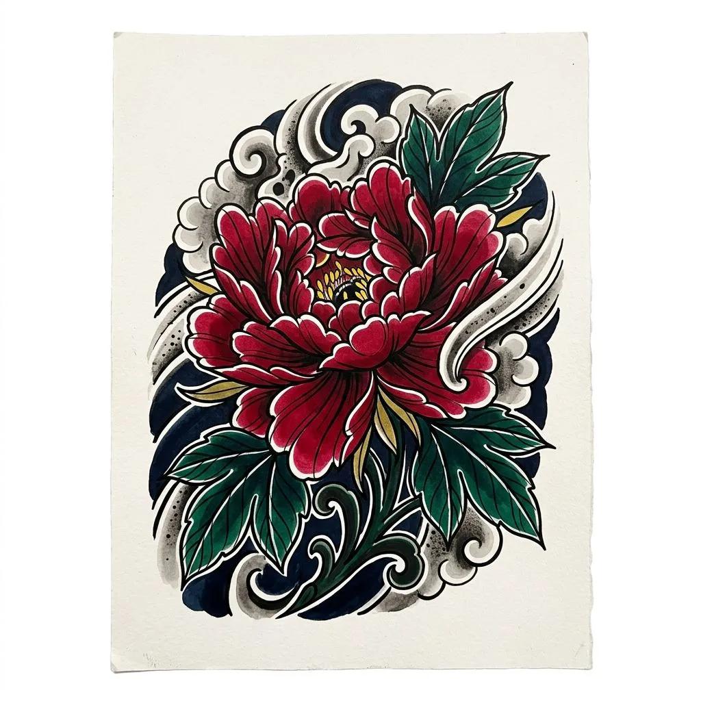 Tatouage de pivoine japonaise rouge avec feuilles vertes et fond de vagues sur papier.