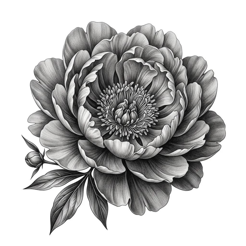 Dessin de tatouage d'une pivoine réaliste en noir et gris avec des détails fins sur fond blanc.