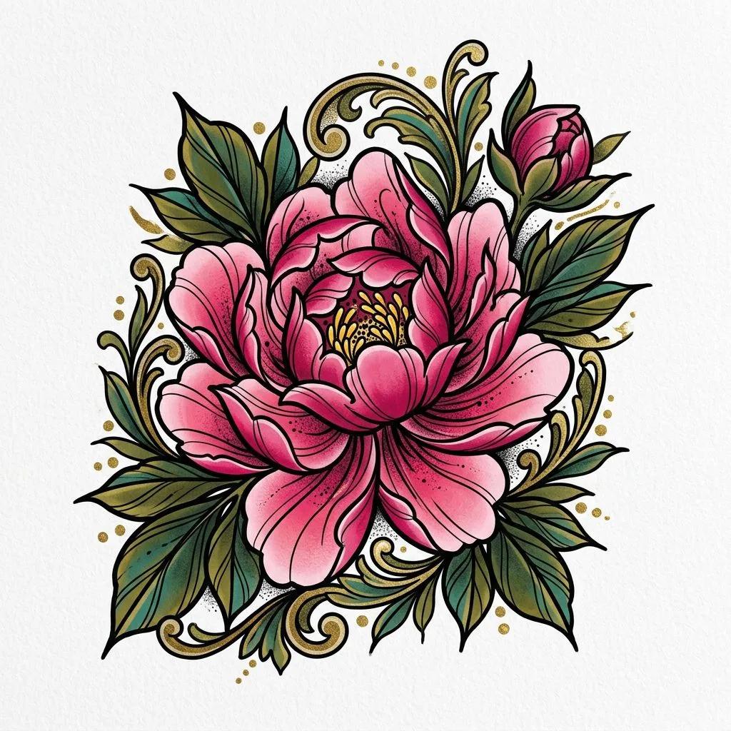 Dessin de tatouage d'une pivoine rose néo-traditionnelle avec des feuilles vertes et des accents dorés.