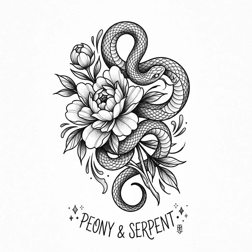 Dessin de tatouage d'un serpent entrelacé avec une pivoine, style graphique en noir et blanc avec dotwork.
