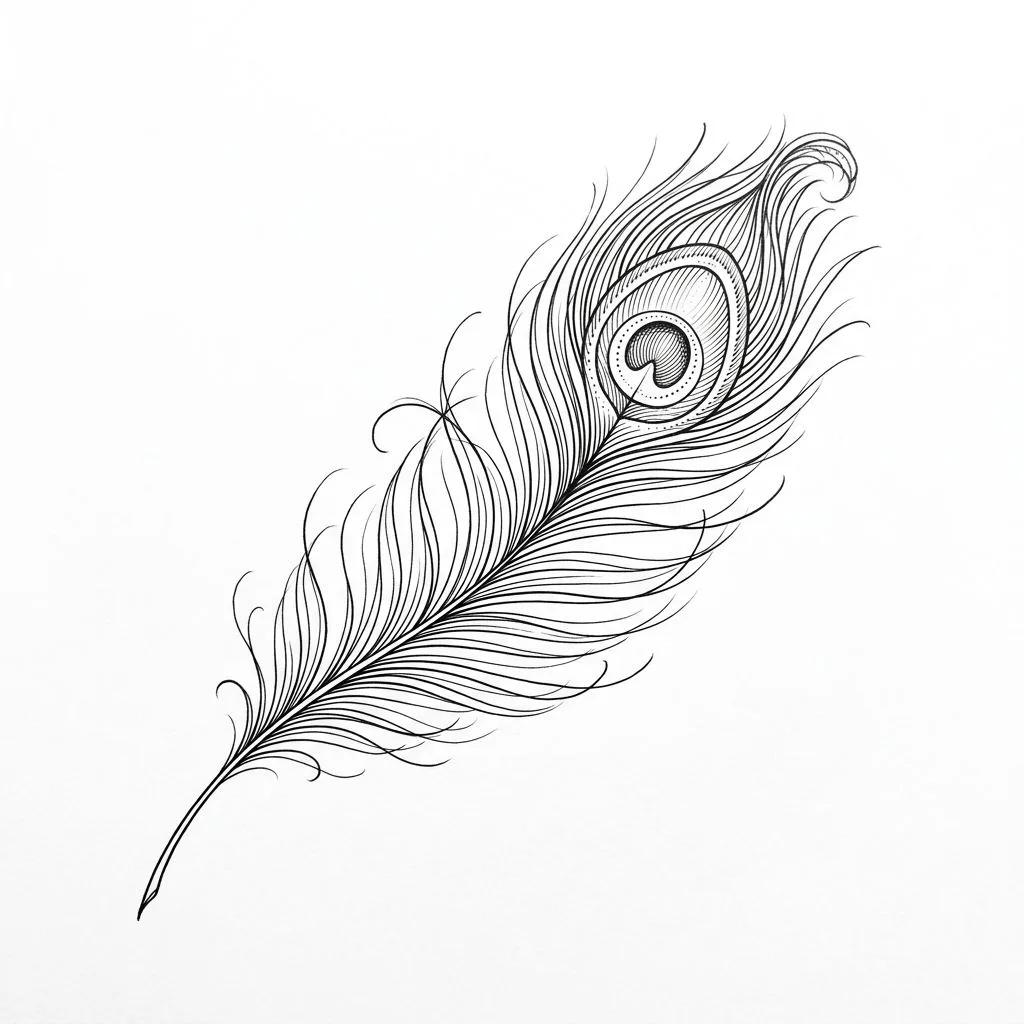 Dessin de tatouage d'une plume de paon minimaliste en traits fins noirs sur fond blanc.