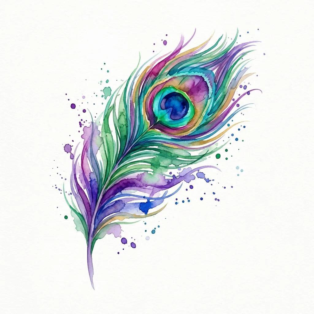 Tatouage d'une plume de paon style aquarelle aux couleurs éclatantes violettes et vertes sur fond blanc.