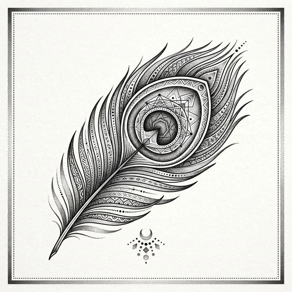 Dessin de tatouage d'une plume de paon en dotwork avec des motifs géométriques et mystiques sur fond blanc.