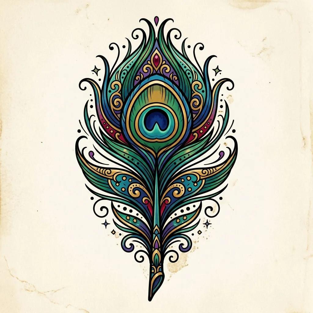 Tatouage de plume de paon néo-traditionnelle aux tons riches.
