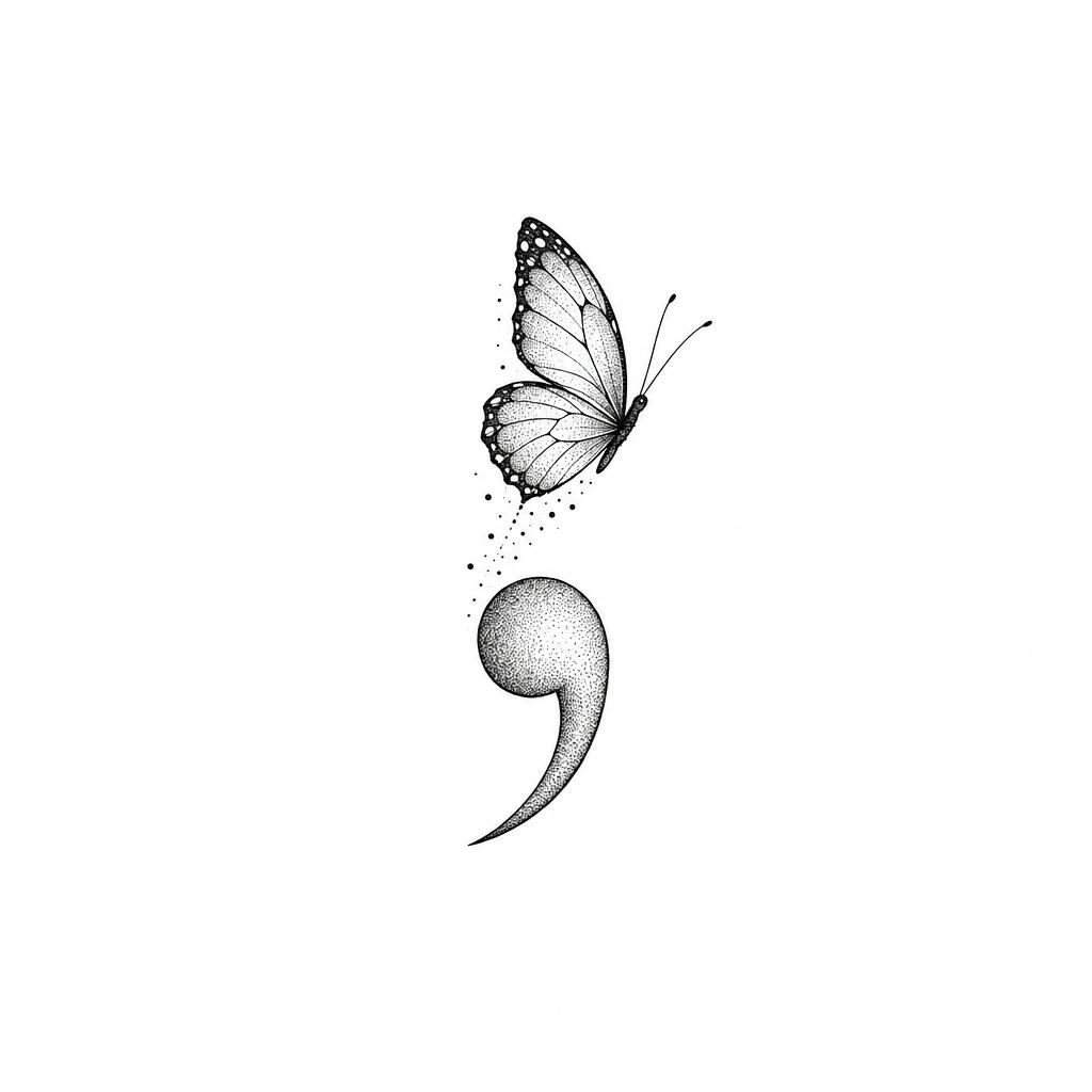 Tatouage de point-virgule dont le point est remplacé par un papillon qui s'envole