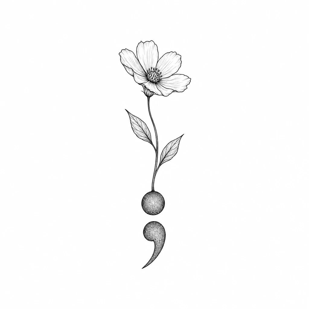 Tatouage de point-virgule d'où part une tige fine portant deux feuilles et une fleur épanouie