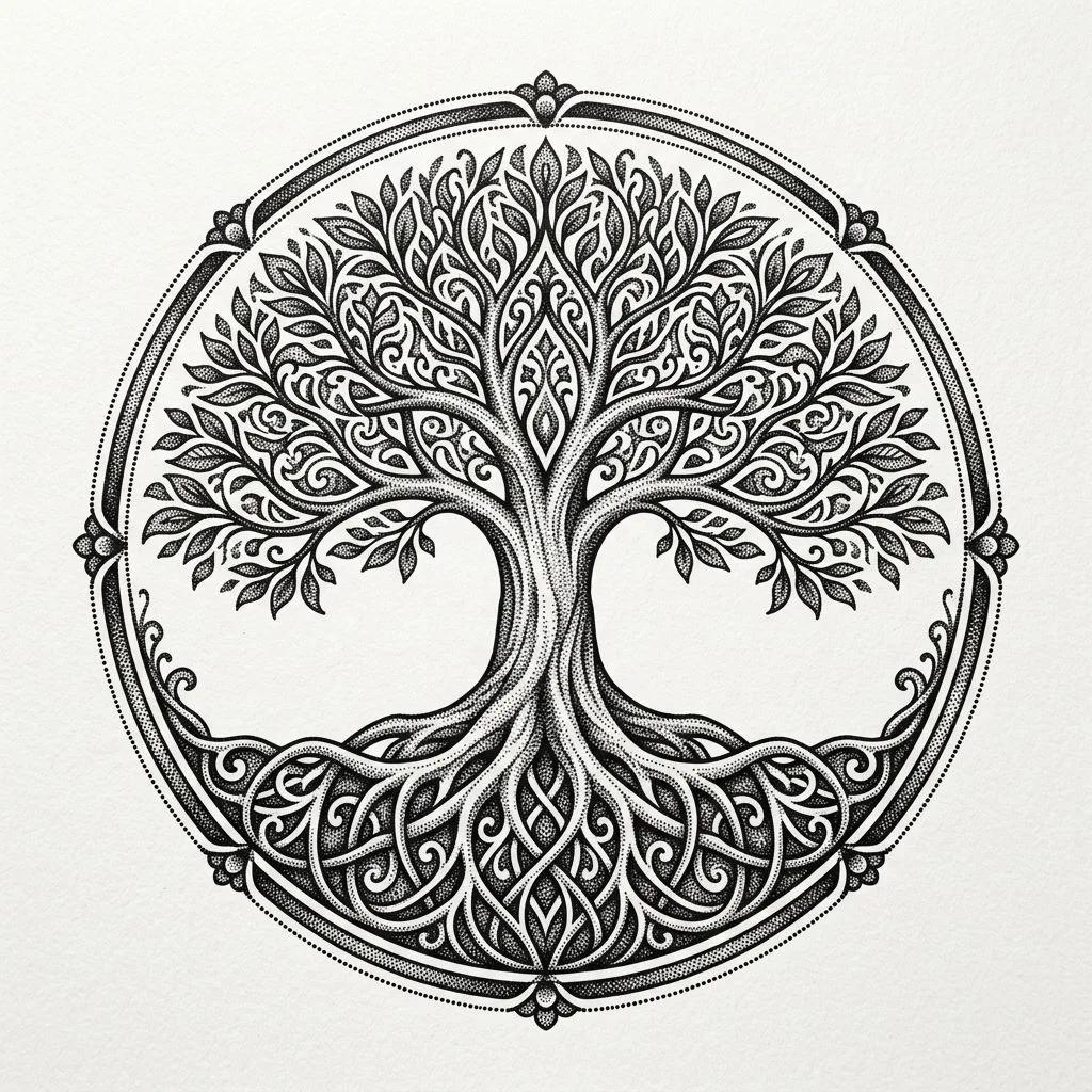 Dessin de tatouage d'un arbre de vie symétrique en dotwork noir, formant un cercle protecteur.