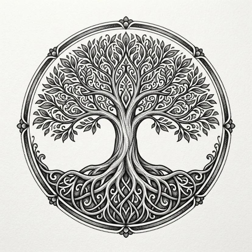 Dessin de tatouage d'un arbre de vie symétrique en dotwork noir, formant un cercle protecteur.