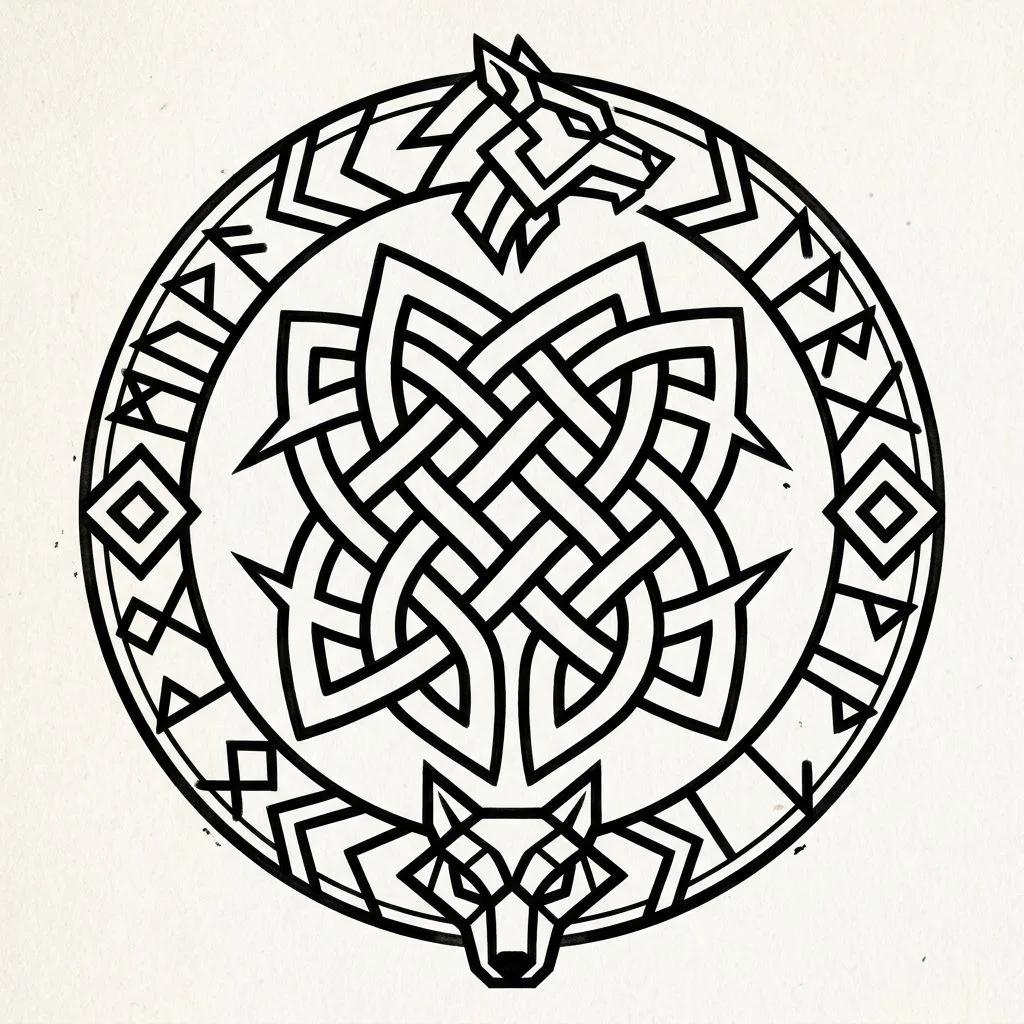 Tatouage d'un nœud de bouclier nordique entouré de runes et de deux têtes de loups stylisées.