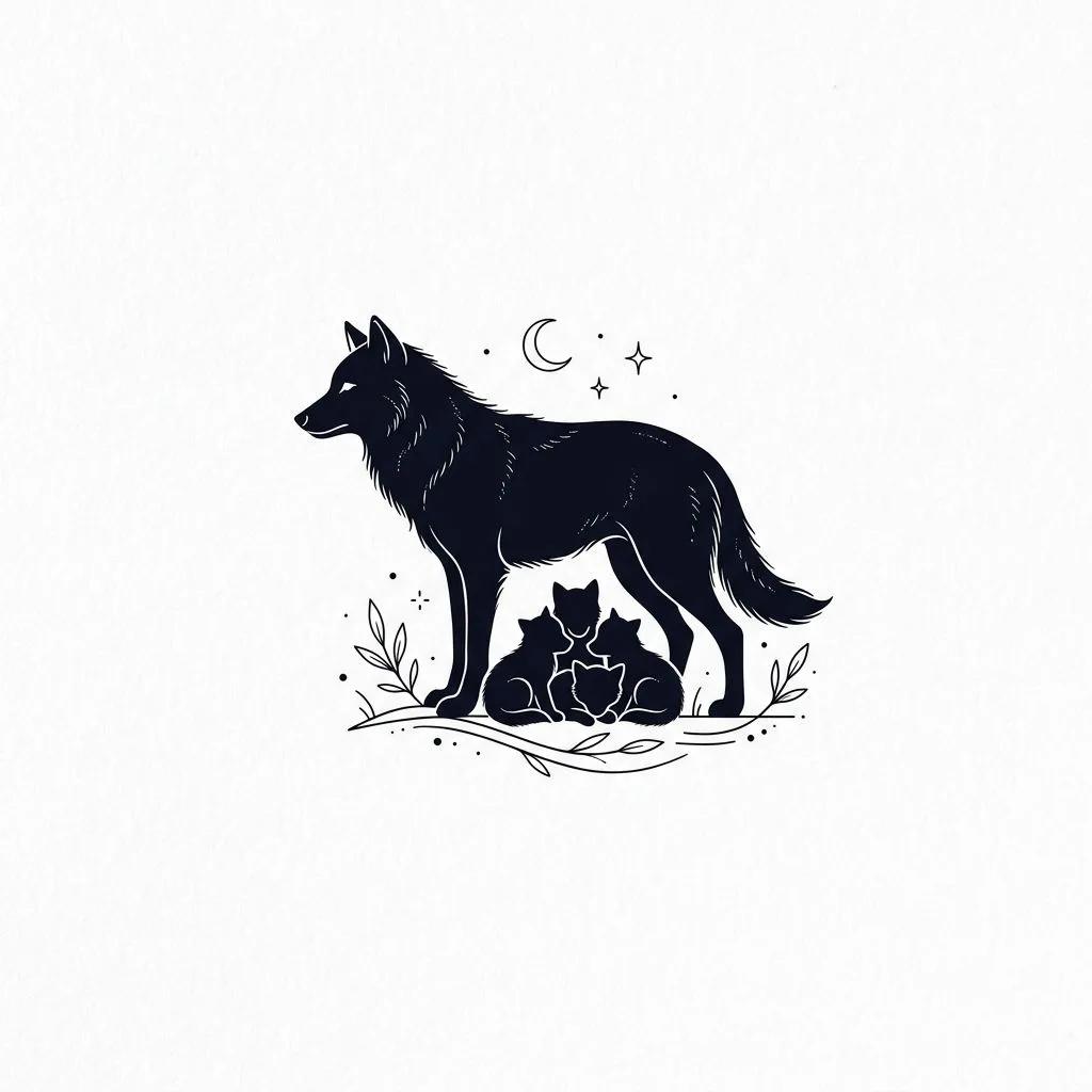Dessin de tatouage d'une silhouette de louve noire protégeant ses petits sous une lune.