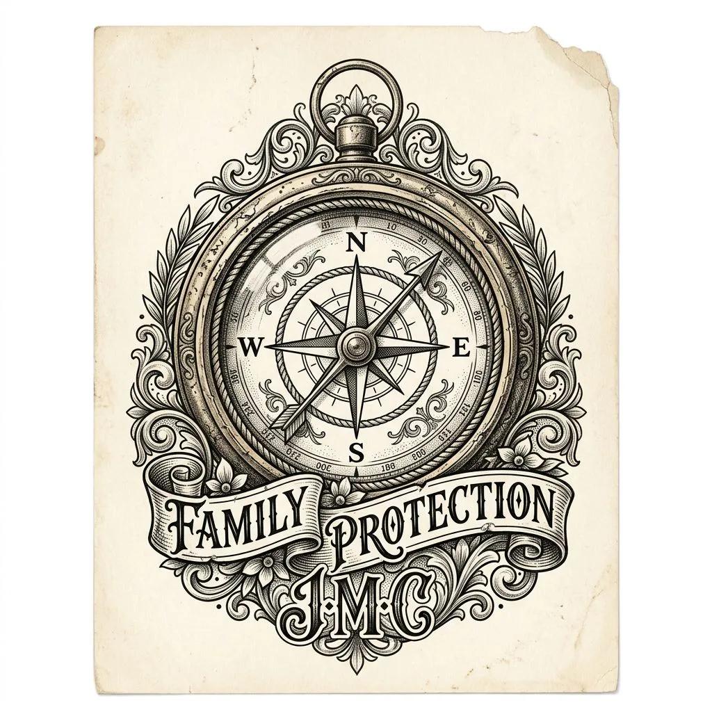 Dessin de tatouage d'une boussole vintage ornementale avec bannière 'Family Protection' et initiales JMC.