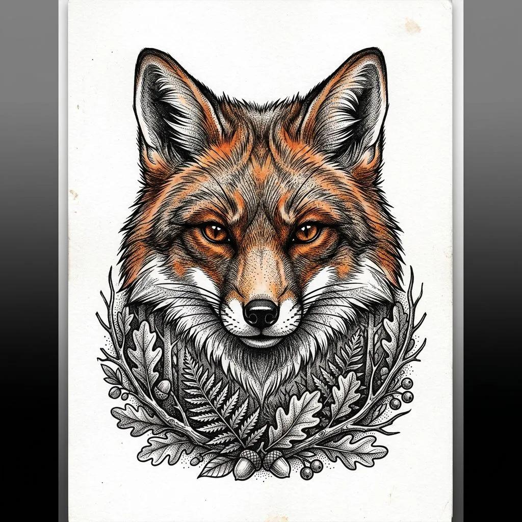 Dessin de tatouage d'une tête de renard réaliste entourée de feuilles de chêne et de fougères.