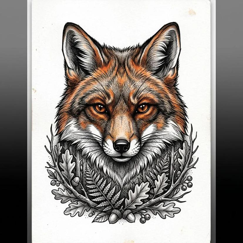 Dessin de tatouage d'une tête de renard réaliste entourée de feuilles de chêne et de fougères.