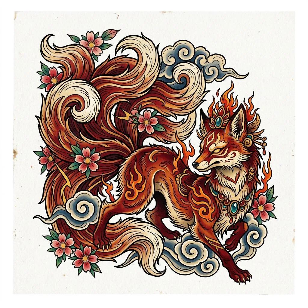 Dessin de tatouage néo-traditionnel d'un Kitsune à neuf queues avec fleurs de cerisier et nuages stylisés.