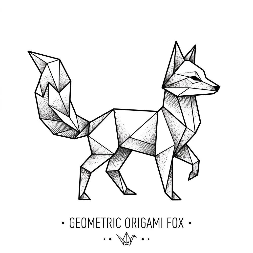 Dessin de tatouage d'un renard en origami géométrique avec des ombrages en pointillé sur fond blanc.