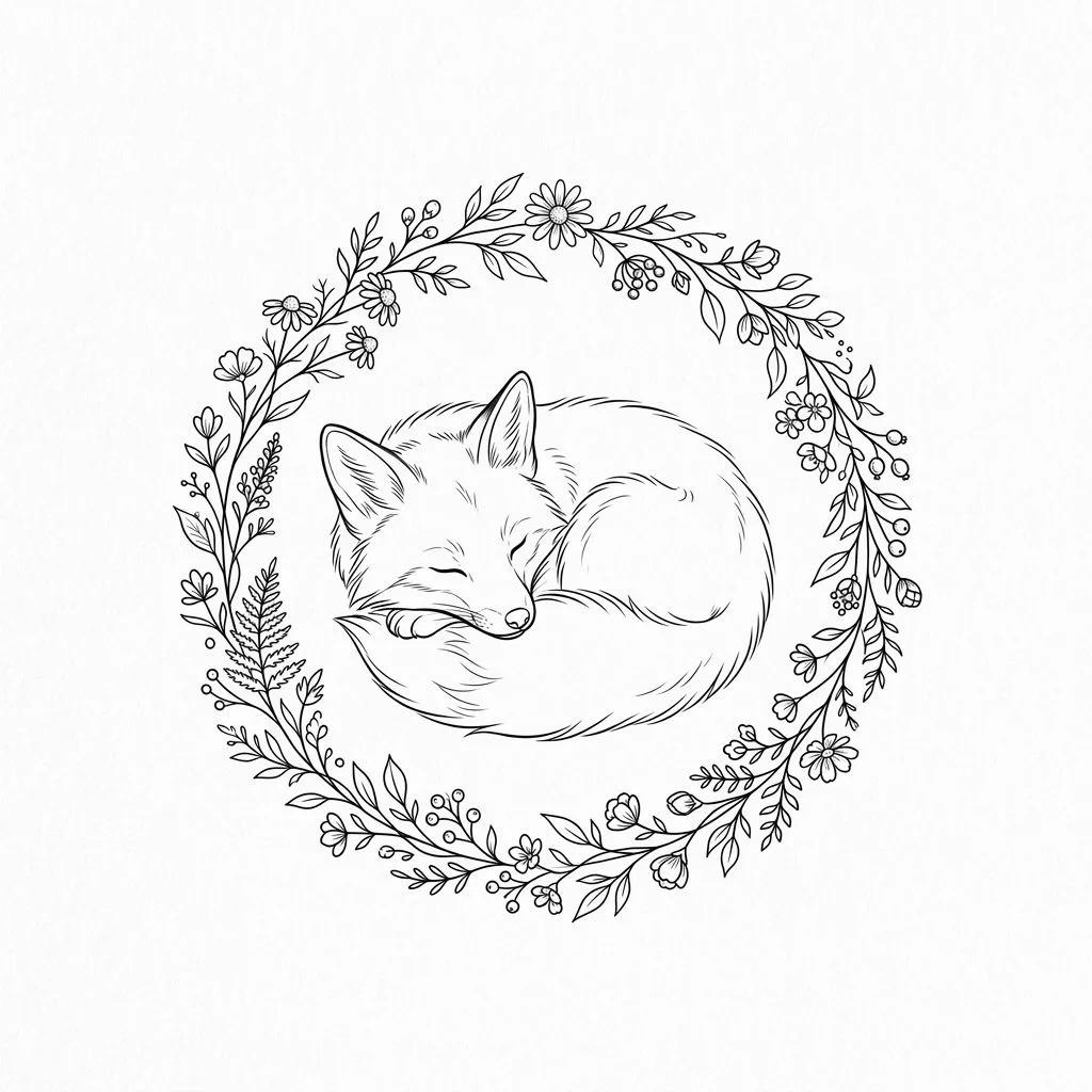 Dessin de tatouage d'un renard endormi en boule dans une couronne de fleurs, style fine-line noir.