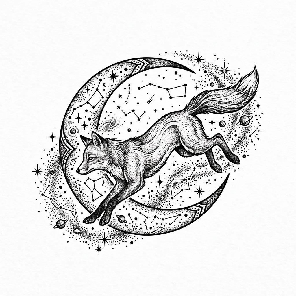 Tatouage en dotwork d'un renard sautant à travers un croissant de lune entouré de constellations et d'étoiles.