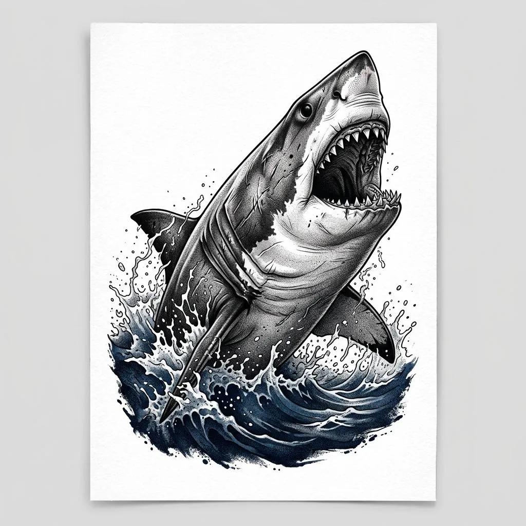Dessin de tatouage d'un grand requin blanc bondissant hors de l'eau, style réaliste en noir et bleu.