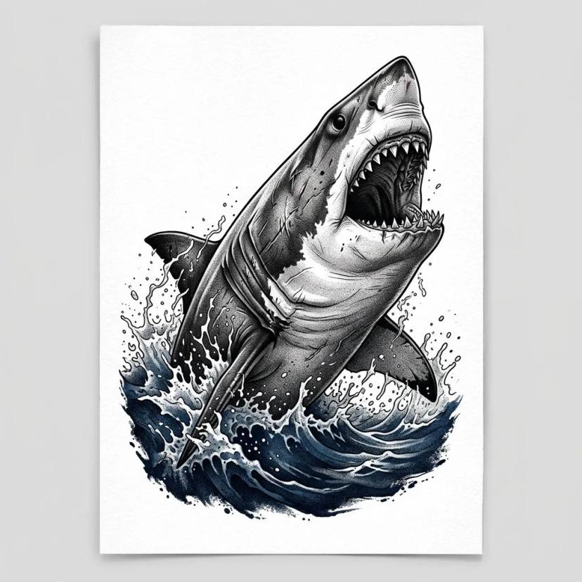 Dessin de tatouage d'un grand requin blanc bondissant hors de l'eau, style réaliste en noir et bleu.