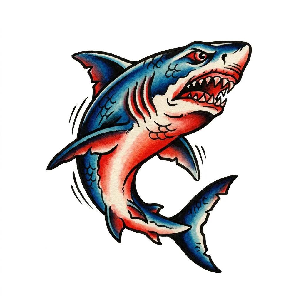 Dessin de tatouage de requin style traditionnel américain avec ombrages rouge et bleu.