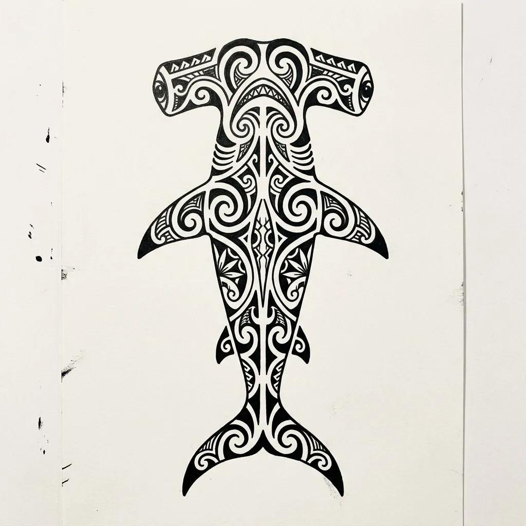 Dessin de tatouage de requin-marteau aux motifs tribaux polynésiens symétriques en noir sur fond blanc.
